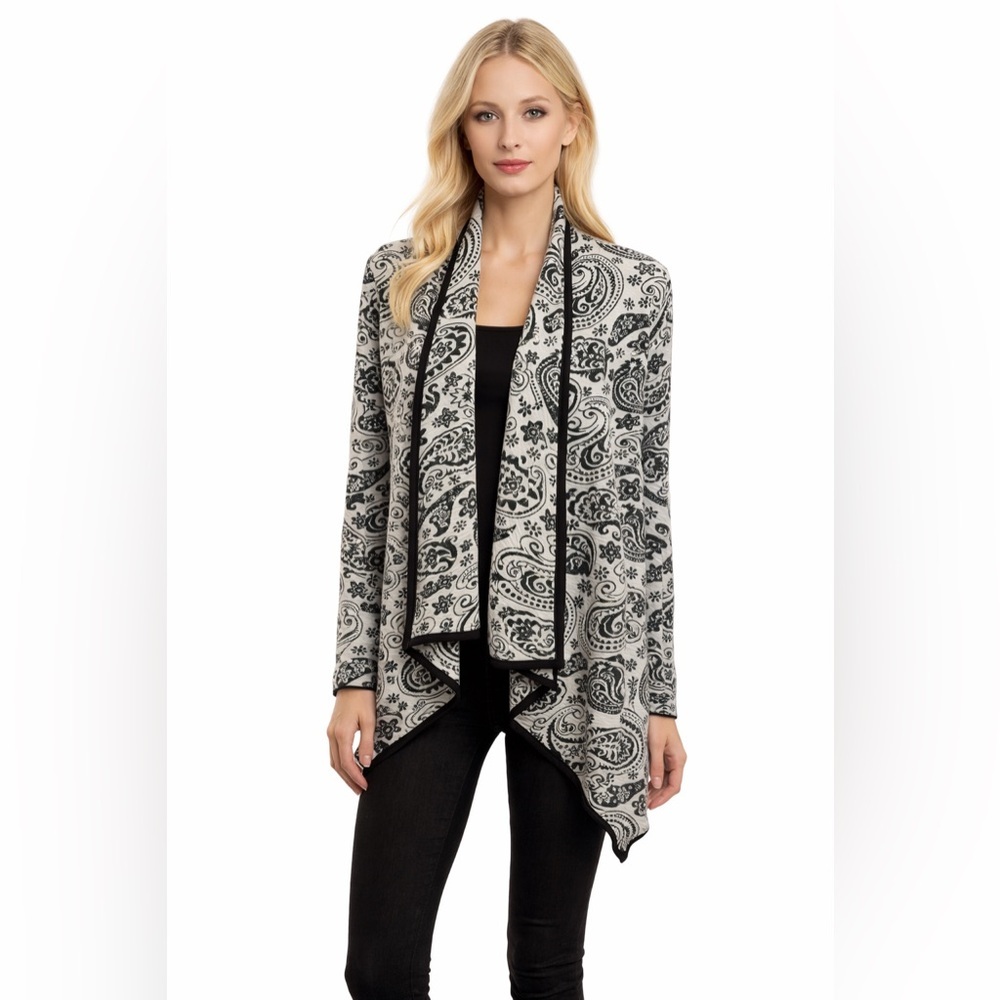 Slinky Brand Open Front Tunic Black/white Size Large Long Sleeve Paisley Design